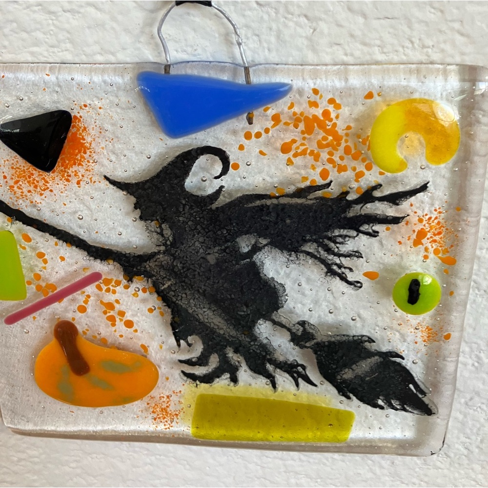 Handmade Halloween Witch on Broomstick Hanging Suncatcher 6”x5” Original